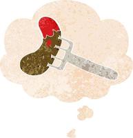 cartoon sausage on fork and thought bubble in retro textured style vector