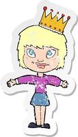 retro distressed sticker of a cartoon person wearing crown vector