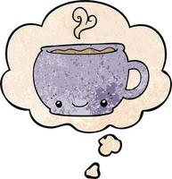 cartoon hot cup of coffee and thought bubble in grunge texture pattern style vector