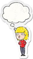 cartoon woman staring and thought bubble as a distressed worn sticker vector