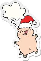 cartoon happy christmas pig and thought bubble as a printed sticker vector