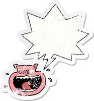 cartoon obnoxious pig and speech bubble distressed sticker vector