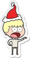 sticker cartoon of a shocked man wearing santa hat vector