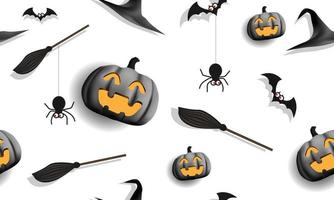 Happy Halloween pumpkin spider bat witch hat broom on white seamless pattern background for holiday festival party celebration design vector