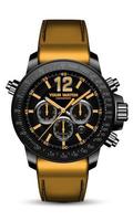 Realistic watch clock chronograph black steel face grey yellow number arrow leather strap on white design classic luxury fashion for men vector
