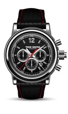 Realistic vector watch clock chronograph black metal face red arrow with leather weaved strip strap on white design classic luxury fashion for men