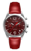 reloj de pulsera realista cronógrafo plata cuero rojo flecha roja sobre fondo blanco diseño vector de lujo