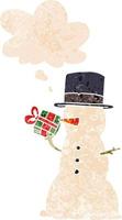 cartoon snowman and thought bubble in retro textured style vector