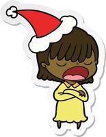 sticker cartoon of a woman talking loudly wearing santa hat vector