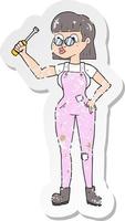 retro distressed sticker of a cartoon female mechanic vector