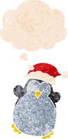 lindo pingüino navideño y burbuja de pensamiento en estilo retro texturizado vector