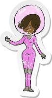 retro distressed sticker of a cartoon space woman vector