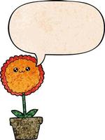 cartoon flower and speech bubble in retro texture style vector