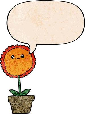 cartoon flower and speech bubble in retro texture style