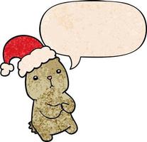 cartoon christmas bear worrying and speech bubble in retro texture style vector