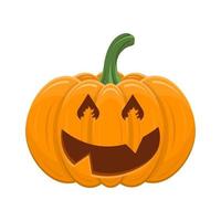 Halloween pumpkin isolated on white background. Cartoon orange pumpkin with smile, funny face. The main symbol of the Halloween, autumn holidays. Vector illustration for any design.