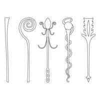 Set of line style icons of staffs isolated on white background. Magic wand, scepter, stick, rod. Clean and modern vector illustration for design, web, game.