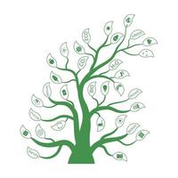 Green enviroment tree with different ecology leaves icons. Enviromental icons in leaves. Recycle, natural, organic, biofuel, biogas, eco. Creative vector illustration for design.