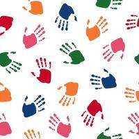 patrón sin costuras con coloridas palmas humanas. huella de la mano de los niños. símbolo de equipo, amistad, unión, apoyo, familia. ilustración vectorial limpia y moderna para diseño, web. vector