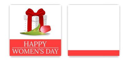 Women's Day Party Invitations and Greeting Cards with Gift Box and Tulip. Gift Box with Red Bow. Front Side and Backside. Place for Text. Vector illustration.