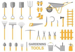 Set of various gardening items. Gardening tools of farming or farmer garden household. Shovel, pitchfork, saw, axe, gloves, boots. Vector illustration in cartoon style isolated on white background