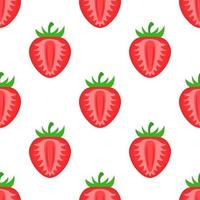 Seamless pattern with fresh bright exotic half strawberries on white background. Summer fruits for healthy lifestyle. Organic fruit. Cartoon style. Vector illustration for any design.