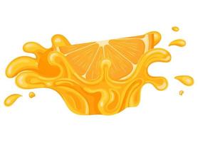 Fresh bright orange, mandarin or tagerine juice splash burst isolated on white background. Summer fruit juice. Cartoon style. Vector illustration for any design.