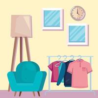 clothes hanging and sofa vector