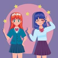 anime girls couple with stars vector