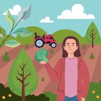 mujer con granja tractor vector