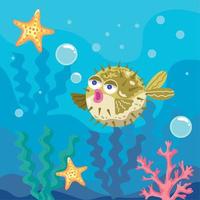 pez globo con estrellas de mar vida marina vector
