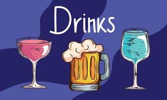 drinks lettering with cups and beer vector