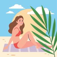 mujer bronceándose en la playa vector