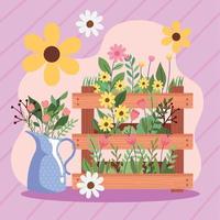 gardening flowers in basket with jar vector