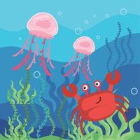 crab with jellyfish sealife vector