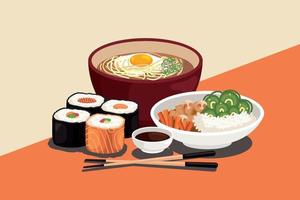 ramen y undon con sushi vector