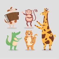 five cute animals playing instruments vector