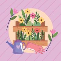 gardening flowers in basket with sprinkler vector