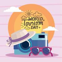 tourism day lettering with camera device vector