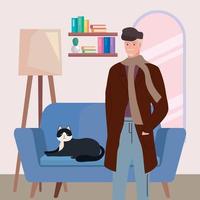 anciano modelando con gato vector