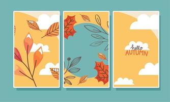 hola otoño letras tres tarjetas vector