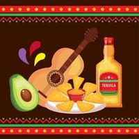 mexican celebration with food and guitar vector