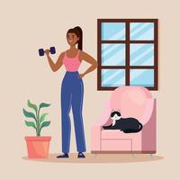 woman lifting dumbbell with cat vector