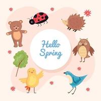 spring animals circular frame vector