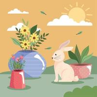 jardín de primavera y conejo vector