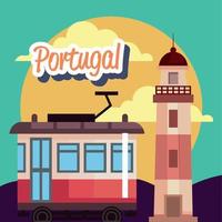 portugal lettering with tram and lighthouse vector