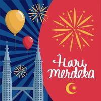 petronas towers with merdeka lettering vector