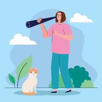 mujer con telescopio y gato vector