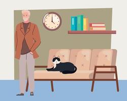 old man modeling and cat vector