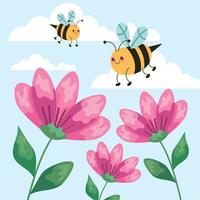 abejas y flores de la temporada de primavera vector